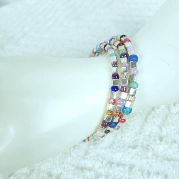 HANDMADE ~ Triple Wrap Memory Bracelet Silver Squares & Multi Colors - Picture 3 of 5